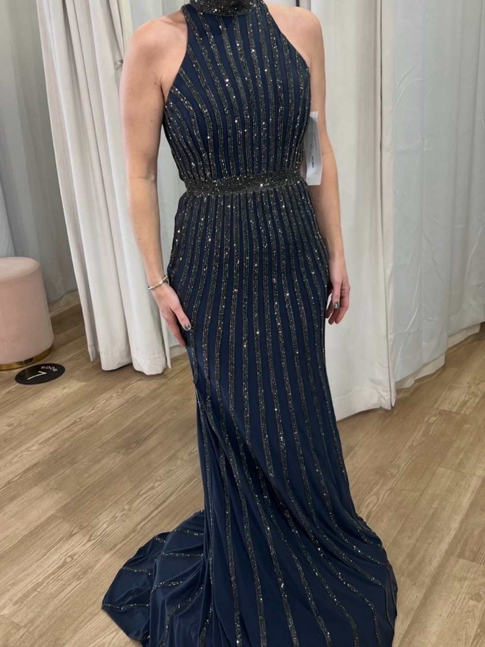 Jovani Navy High-Neck Beaded Column Gown